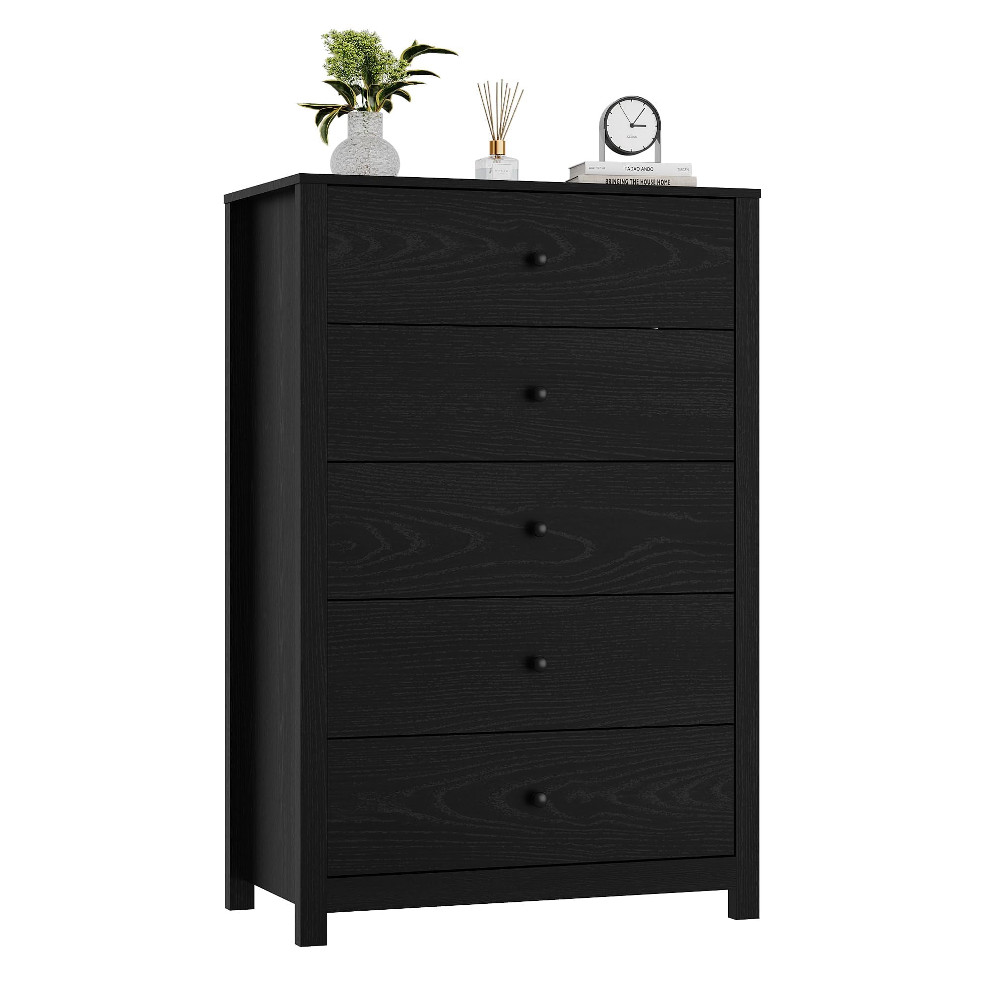 Modern 5 Drawer Tall Dresser Chest – Spacious Wooden Storage Cabinet with Drawers Metal Knobs Perfect for Bedroom Living Room Closet Hallway Home Office – Black Oak Finish