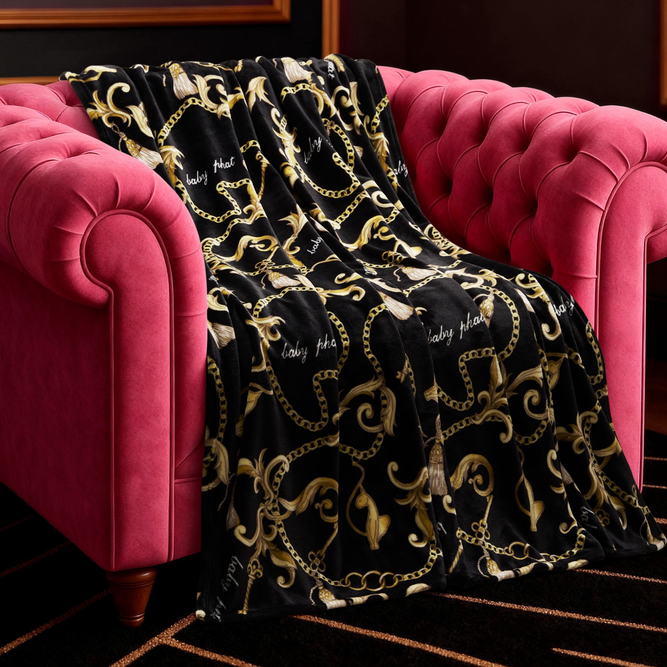 Baby Phat Oversized Plush Throw Blanket 60" x 70", Gold Chains Black