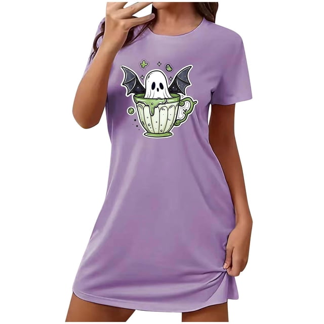 Sakmal Robe de Nuit Décontractée Moomoo pour Femmes, Violet, Halloween, Grande Taille, Courte, Robe de Maison, Imprimé Fantôme, Manches Courtes, Chemises de Nuit pour Femmes