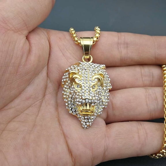 Men's Lion Head 14K Gold Filled Pendant Necklace, Hip Hop Street Animal Fashion Jewelry