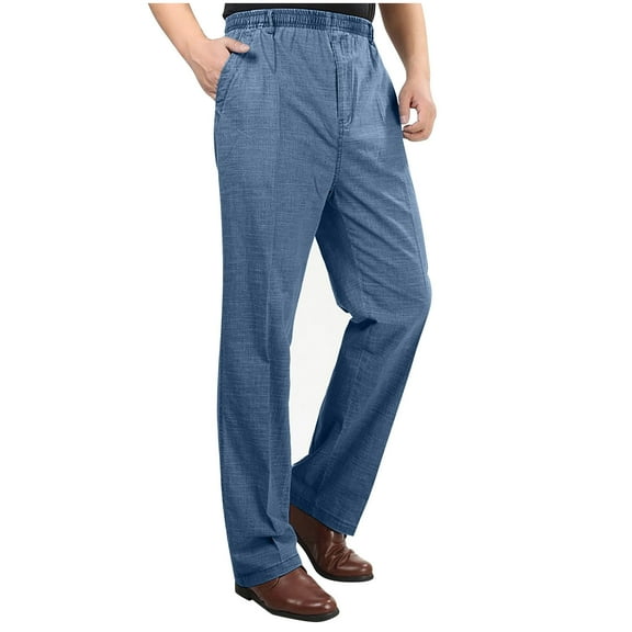 hoksml Men's Business Casual Pants with Elastic Waistband and Zipper Fly Lightweight Breathable Cotton Linen Trousers Comfort Fit Office Wear