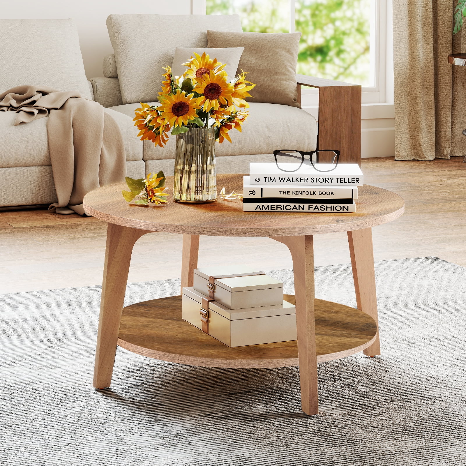 EDX Round Coffee Table, 2 Tier Coffee Table with Storage, for Living Room，Honey Brown