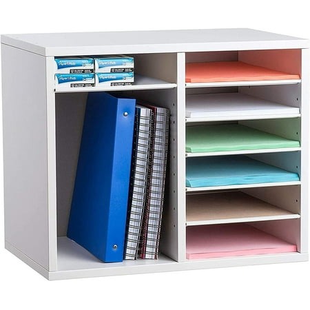 AdirOffice Wood 12 Compartment Adjustable Classroom Paper Literature Organizer File Sorter, White