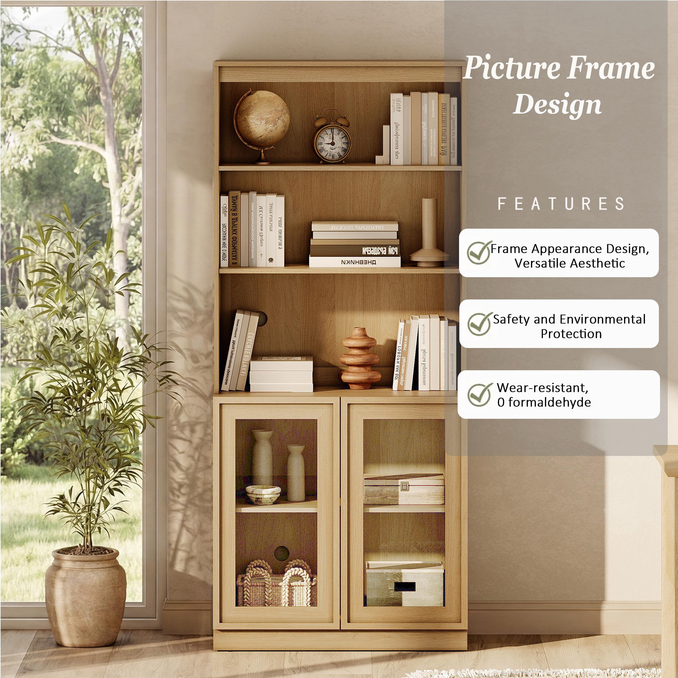 Modern 72" Tall Bookshelf with Glass Doors and Adjustable Shelves, Library Bookcase with Storage Cabinet and Open Shelves,Oak
