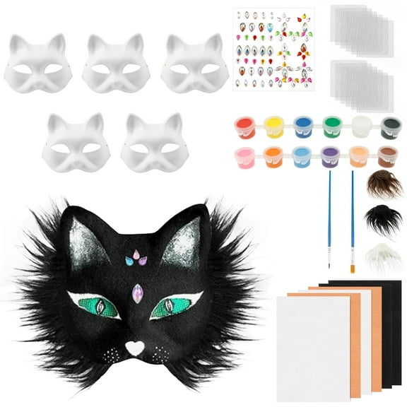 Wekvgz Cat Mask Kit with Felt Fabric Sheet Diamond Sticker Oil Paint with Brush Cuttable Gauze DIY Mask Set Cosplay for Party Carnival Halloween