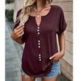 thumbnail image 3 of Bienvenido Summer Top Button Front Short Sleeve V Neck Breathable Comfortable Casual T Shirt Dark Red S, 3 of 7