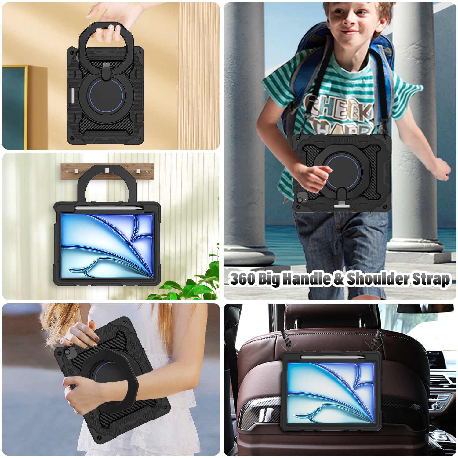 ROISKIN for iPad Air 11 inch Case (M3 2025/M2 2024)/ Air 6th Generation for Kids with HD Screen Protector, 360 Rotating Kickstand, Shoulder Strap, Pen Holder, Heavy Duty Military Case for iPad Air 11