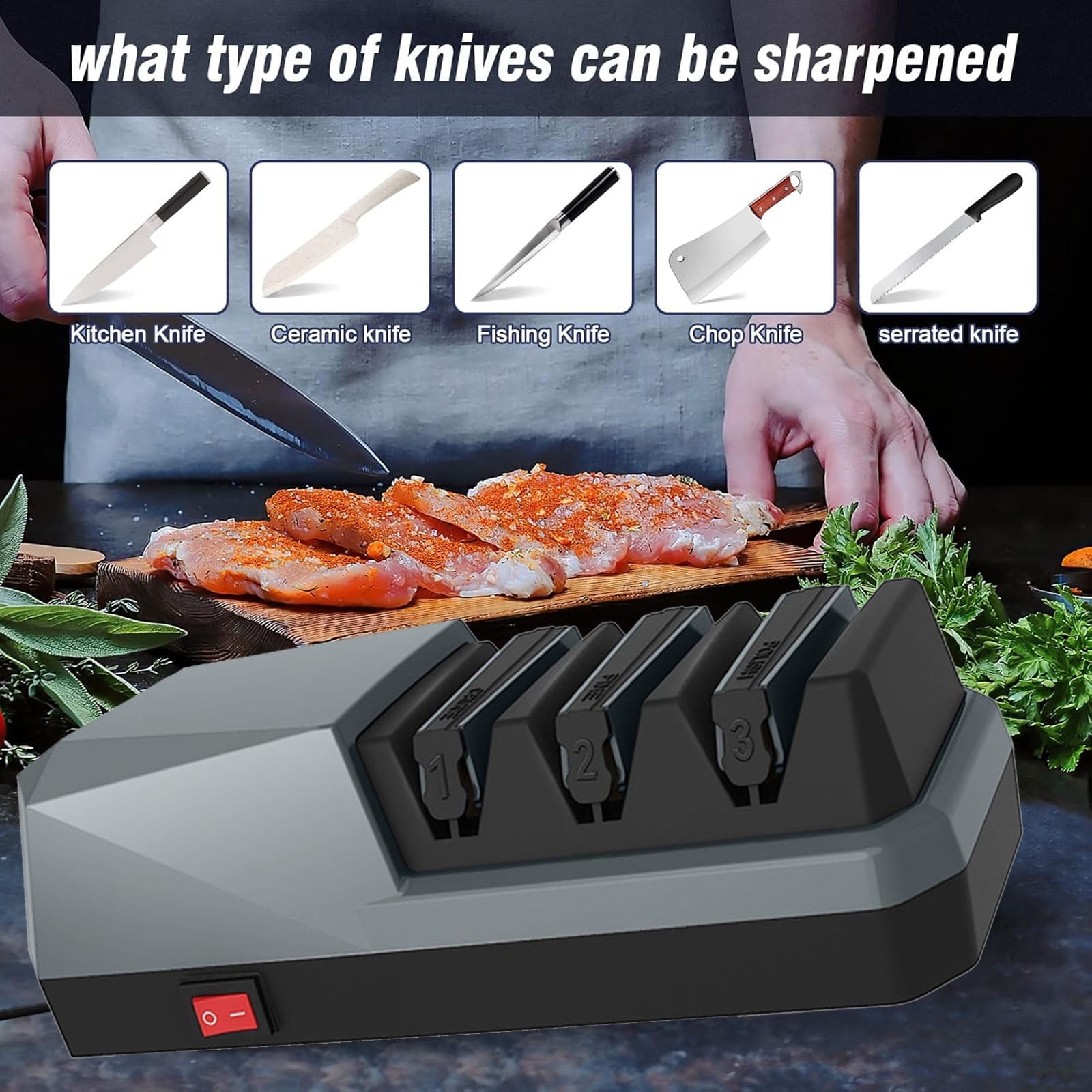 DICEEVIL Electric Knife Sharpener, 3 Stage Diamond Wheels Sharpening System, Multifunctional Knife Sharpener for Straight Blade Knives, Serrated Knives, Scissors, Meat Cleaver, Chef Knives