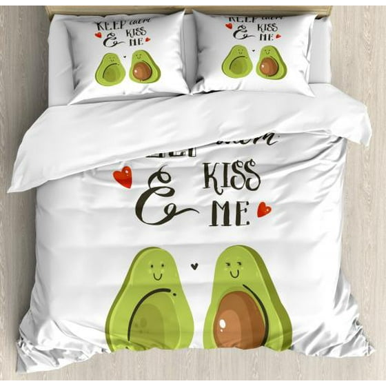 Valentine S Day Queen Size Duvet Cover Set Cartoon Avocado With Pop Culture Keep Calm Slogan Decorative 3 Piece Bedding 2 Pillow