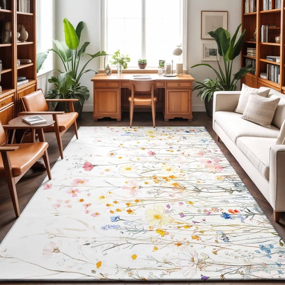 Large Area Rugs 6'x9', Spring Wildflowers Carpet Runner Indoor Outdoor Rugs Home Decor Aesthetic, Pastoral Rustic Farmhouse Botanical Non Slip Mats Washable Accent Rug for Living Room Bedroom