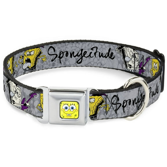 Nickelodeon Pet Collar, Dog Collar Metal Seatbelt Buckle, SpongeBob Poses Spongeitude Grays Black, 9.5 to 13 Inches 1.0 Inch Wide