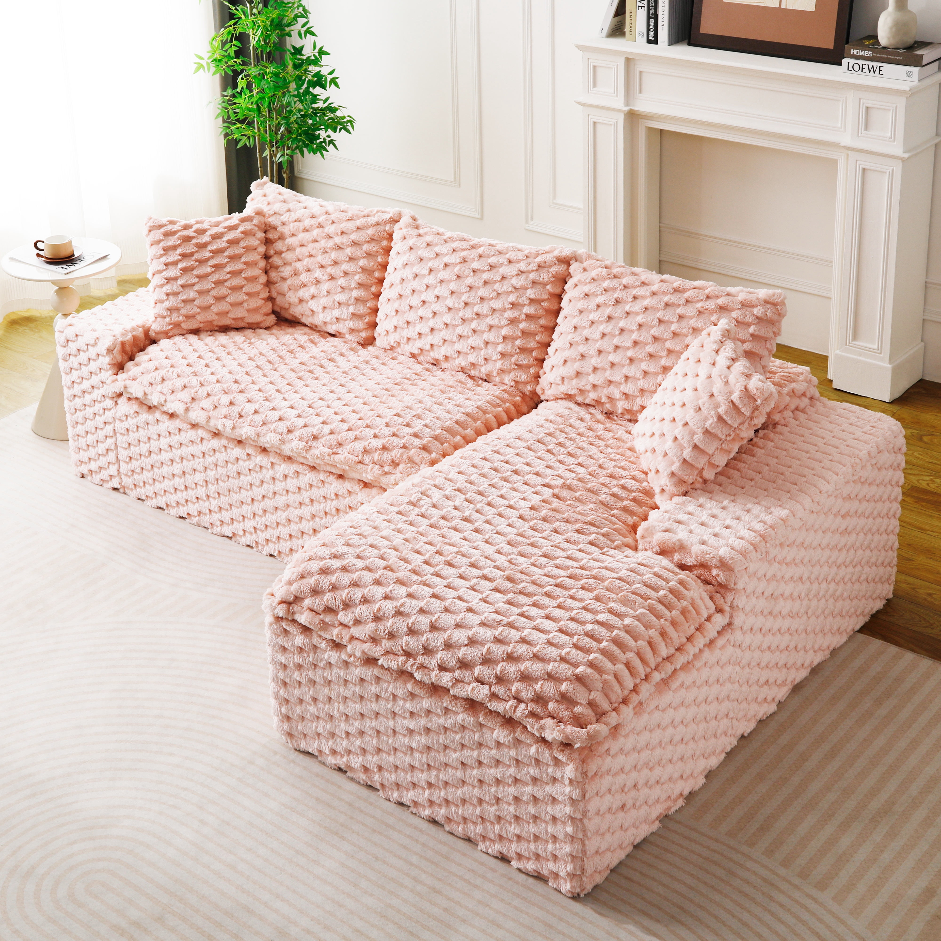 HOQBN 96"W Modular Sectional Sofa,L Shape Modern Corduroy Cloud Couch,Upholstered Deep Seat Boneless Sofa Couch with Right Chaise Lounge for Living Rooms,No Assembly Required,Pink
