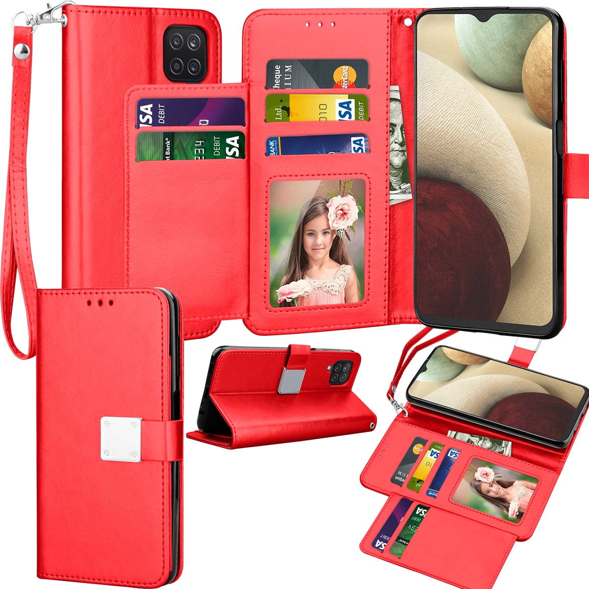 Case for Galaxy S4 Flip Case Slim PU Leather Wallet Case Rose Embossing Shockproof Folding Stand Cover with Credit Card Holder Magnetic closure for Galaxy S4,Red