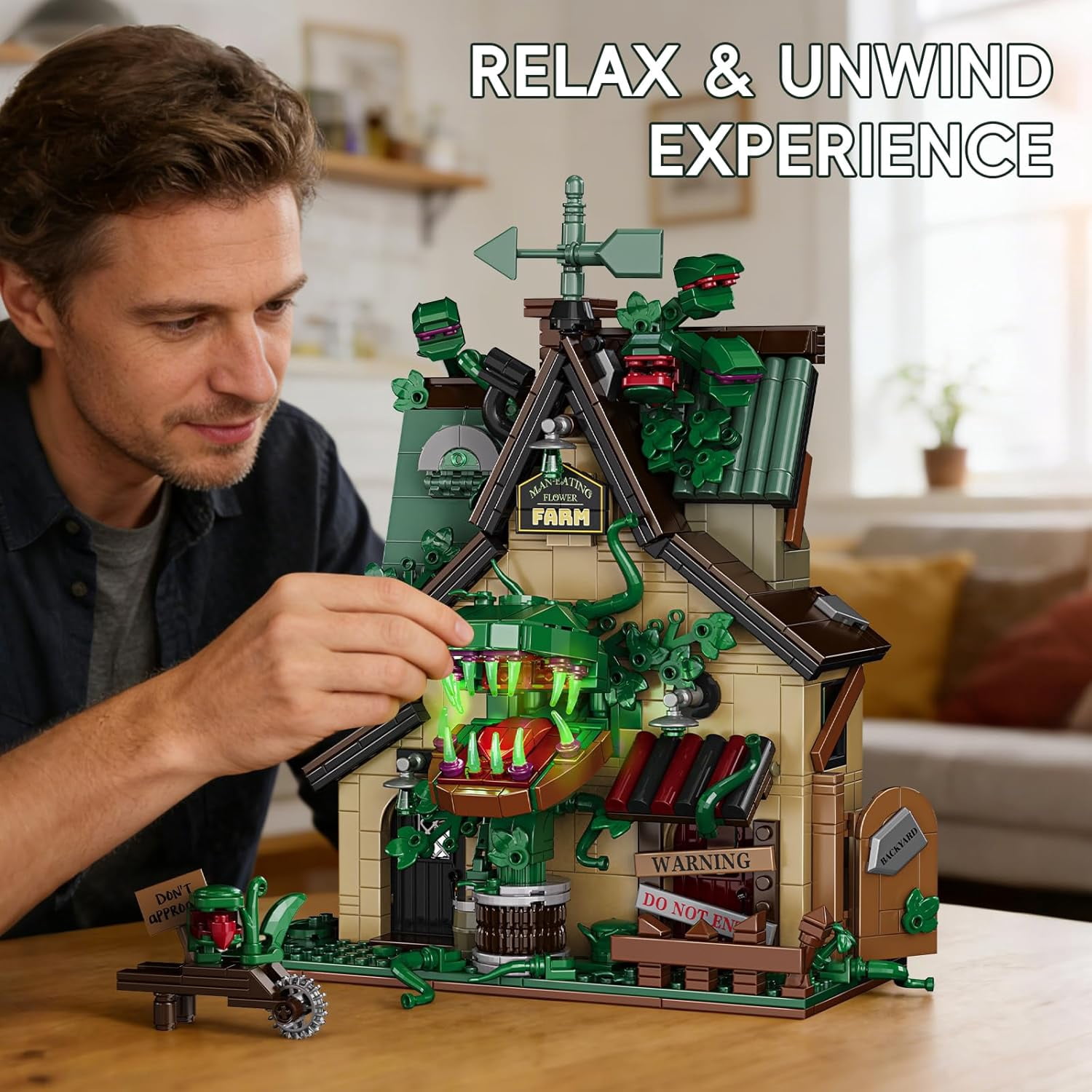 Halloween Haunted House Building Set Man-Eating Flower Farm Architecture Model Kit for Adults Spooky Cottage with Giant Carnivorous Plants Warning Signs Gothic Horror Home Decor,958 PCS