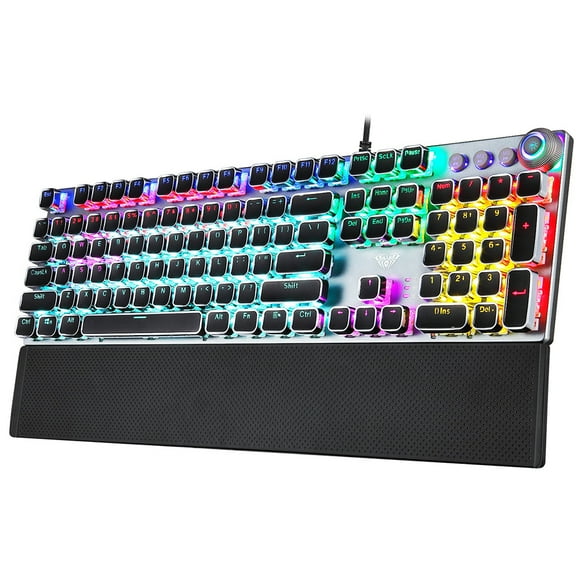 AULA F2088 104 Keys Wired Gaming Mechanical Punk Keyboard Mixed Effect Metal Panel with Wrist Pad Black(Blue Switches)