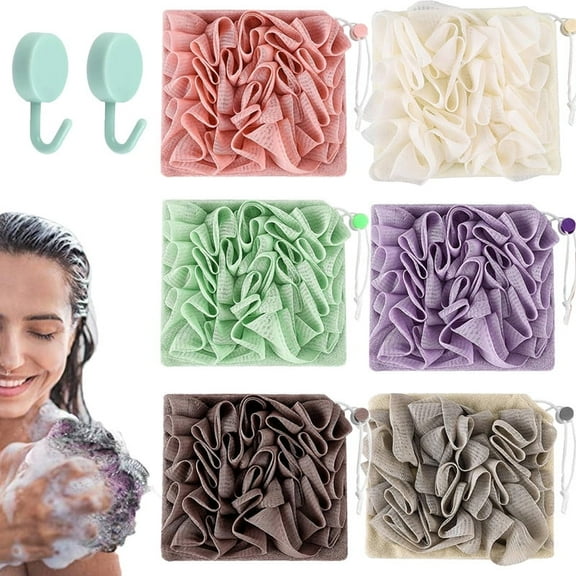 6Pcs Washcloth Loofah Combo, 2 in 1 Bath Loofah Sponge with Drawstring, Holds Bar Soap Lofas for Shower Pouf, Loofahs for Women, Exfoliation Mesh Shower Puffs for Body Wash Cleansing & Smooth Skin