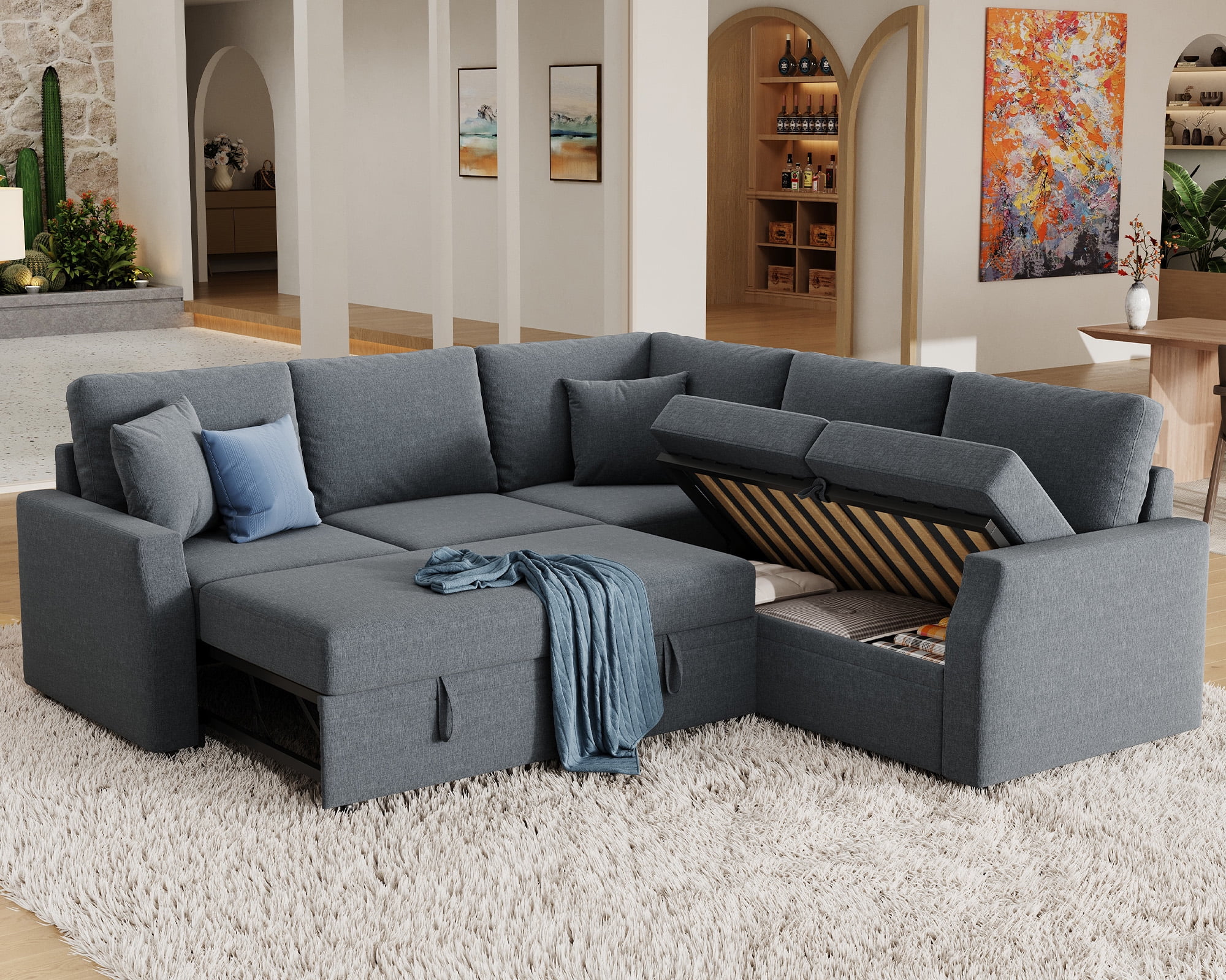 VANACC 85" L Shaped Sleeper Sofa Bed with Pull Out Bed and Storage Seat, Grey Linen Sectional Couch for Living Room Apartment