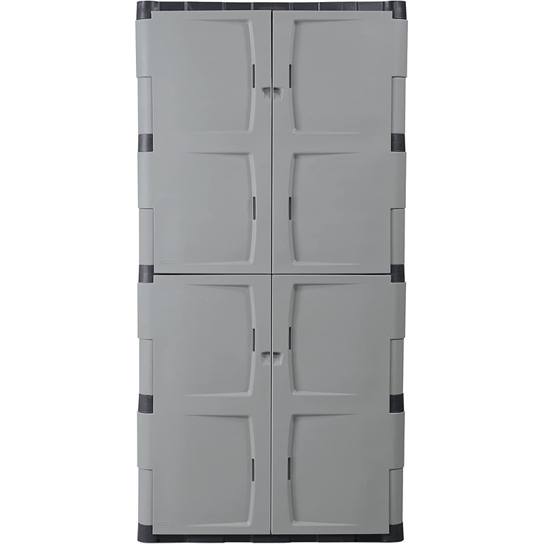 Rubbermaid Wall Mounted Storage Cabinet with Doors, 150-Pound Capacity,  Gray, Lockable, Three-Shelf Cubbard for Tools/Car Accessories/Cleaning in