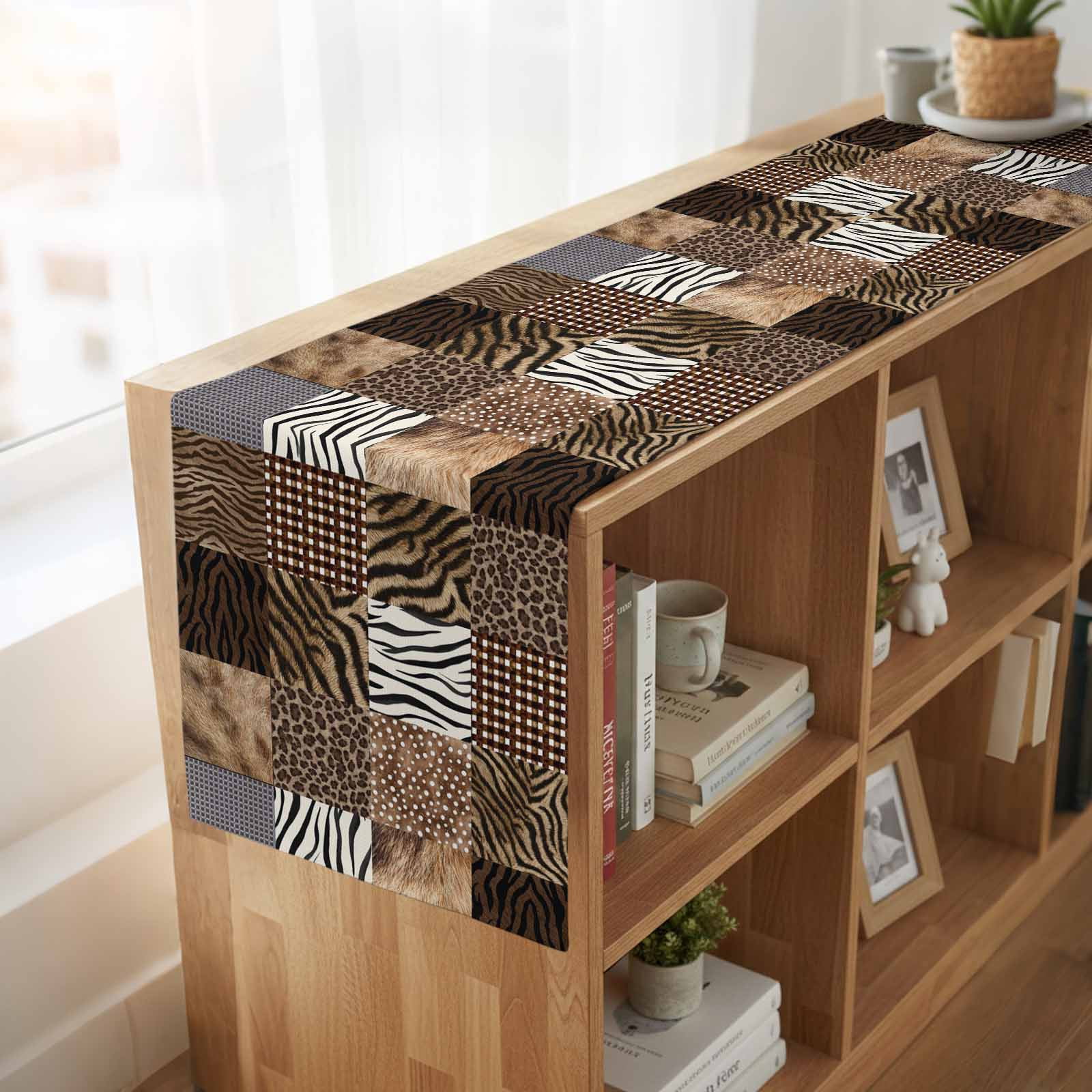Animal Print Plaid Table Runner, Modern Geometric Leopard Print Washable Cotton Linen Table Runners 90 Inches Long, Dresser Scarf Runner for Dining/Coffee/Kitchen/Hallway Tables 13''x90''