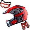 1Storm Youth Motocross Helmet BMX MX ATV Dirt Bike Helmet HBOY Matt Star Red + Goggles + MG Youth Red Glove Bundle