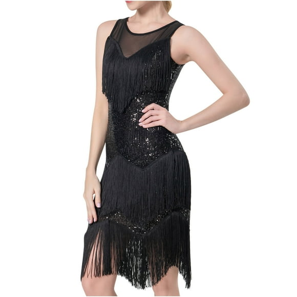 Abcnature Women's Sequins & Fringe Latin Dance Dress Crew Neck Sleeveless Midi Length Formal Party Evening Gown for Performance Elegant Ballroom Salsa Tango Outfit