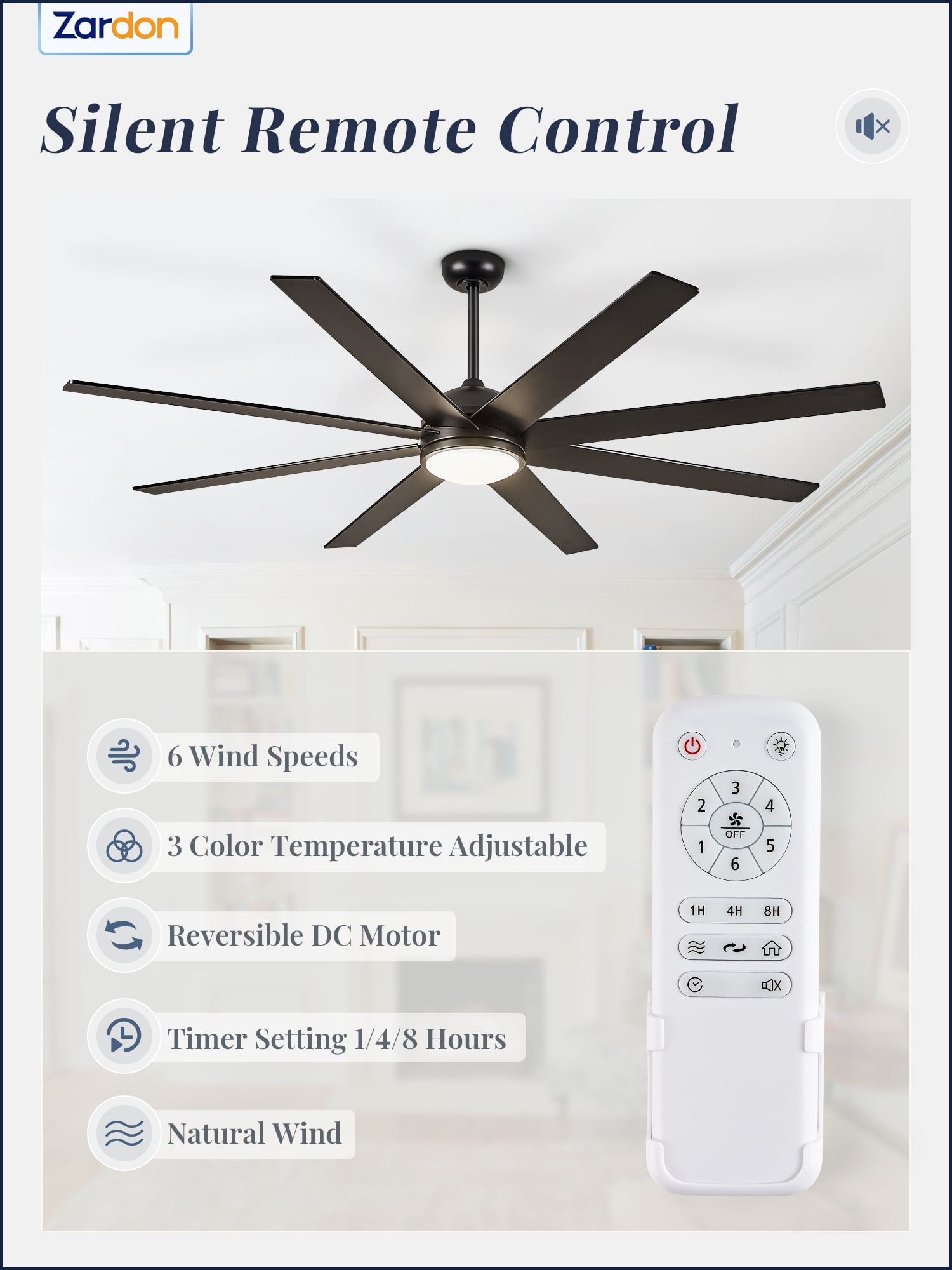Zardon 65in Ceiling Fans with Light and Remote Control, Flush Mount Ceiling Fans with 6-Speed for Indoor, Outdoor, Black