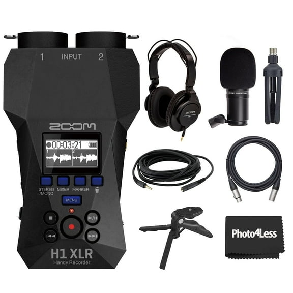 Zoom H1 XLR Handy Recorder, Bundle with Zoom ZDM-1 Podcast Mic Pack with Headphones, Windscreen, XLR Cable and Tabletop Stand, Table Tripod Hand Grip