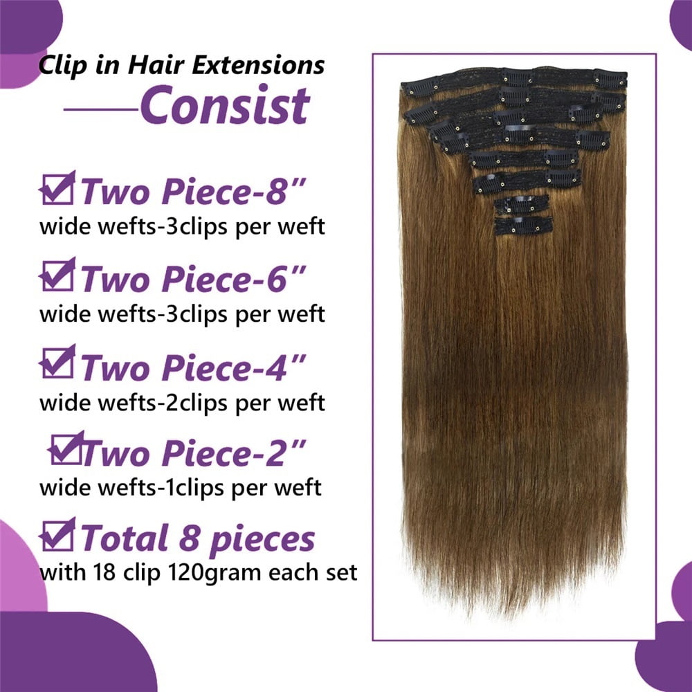 Straight Clip In Hair Extensions Medium Light Brown Color #6 Brazilian Human Hair Clip Ins 8Pcs