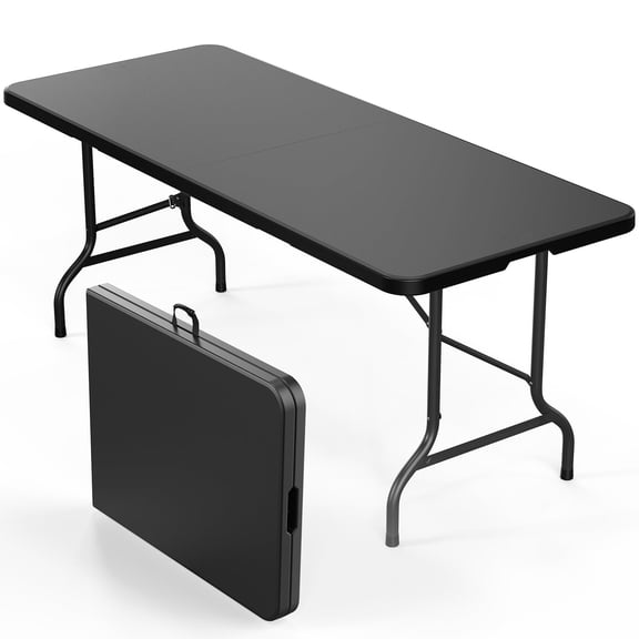 Folding table 6 feet, portable foldable plastic black long table for banquets, crafts, catering, weddings, outdoor and indoor use