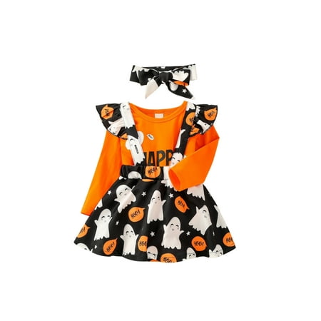 

Kuriozud Toddler Halloween Letters Long Sleeves Romper Cartoon Suspenders Skirt Hairband Baby Girls
