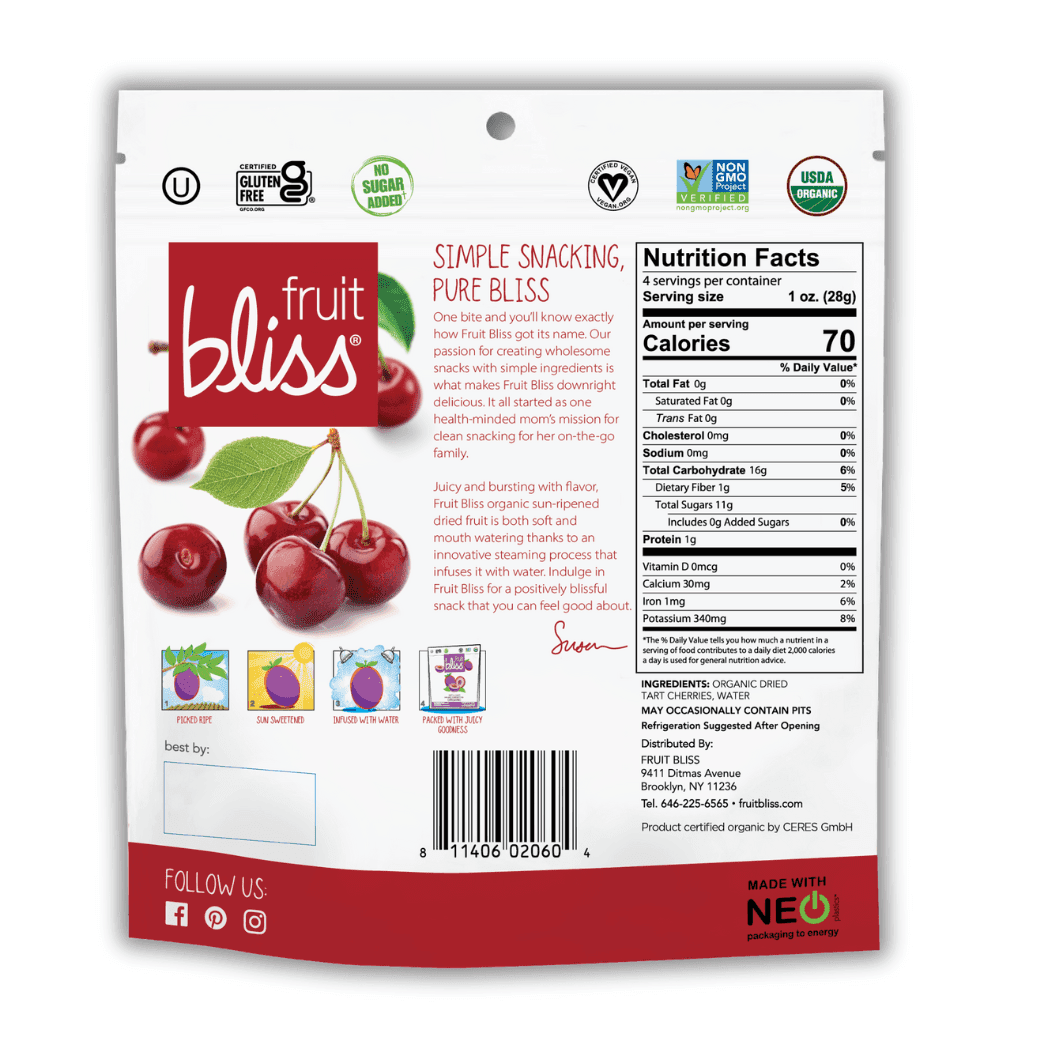 Pack of 6, Fruit Bliss Organic Tart Cherries Snacks, 5 oz