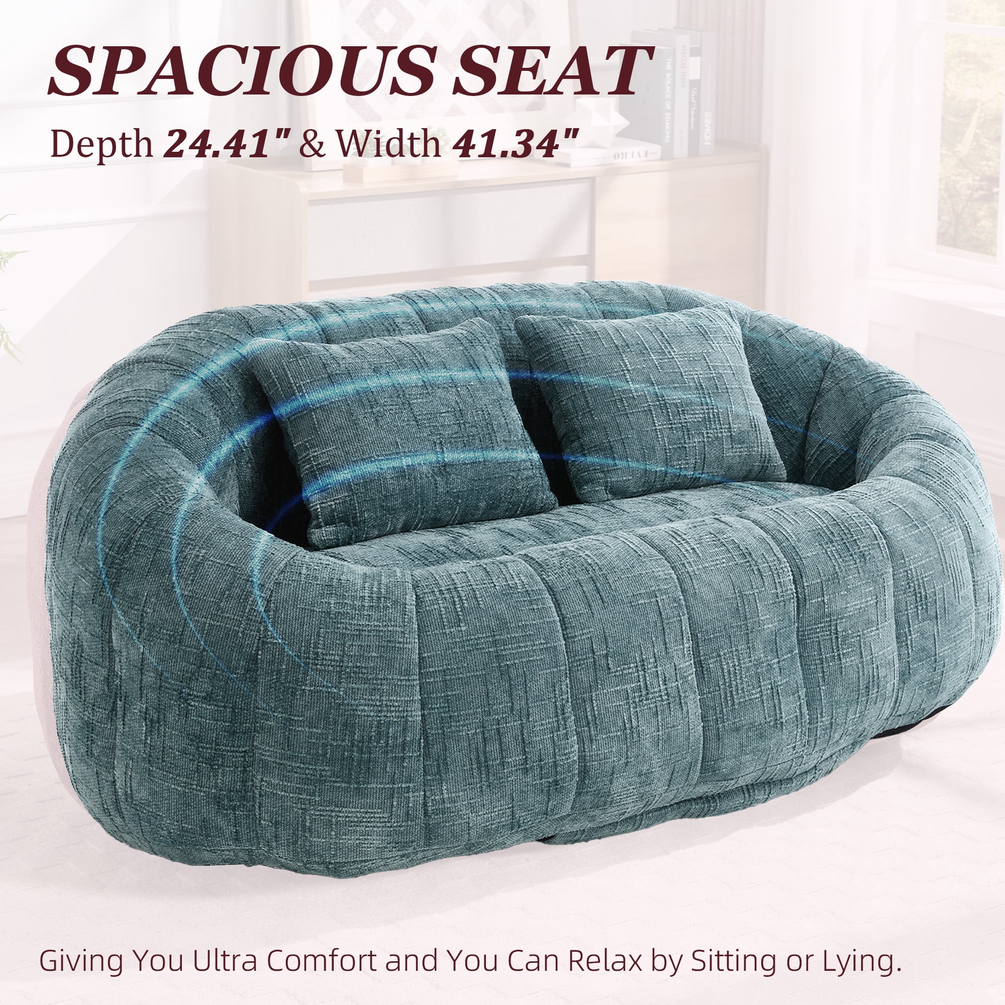 MOONMISS Large 59'' Bean Bag Chair for Adults,Chenille Shell-Shaped Couch with Two Pillows,Oversized Single Sofa,Teal Blue