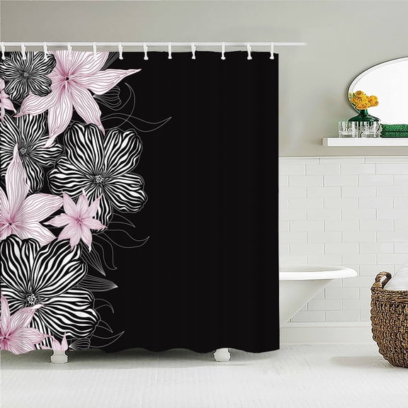 Colorful Flowers Tropical Plants Trees Shower Curtain Bathroom Curtains Black Leaves Waterproof Polyeste Fabric Bathtub Decor