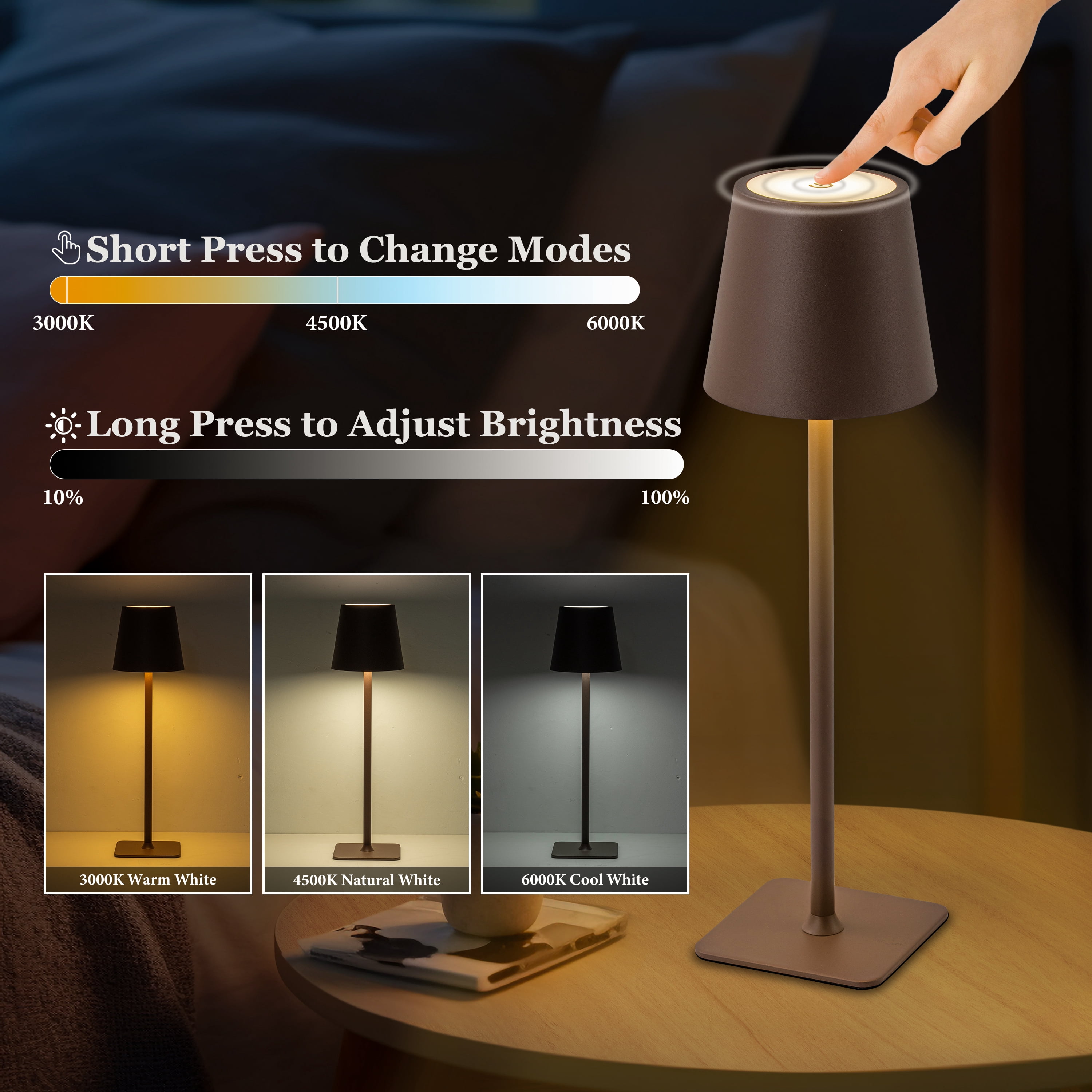 C Cattleya 4-Pack 14” Brown LED Cordless Table Lamp, 3CCT Dimmable Portable Desk Lamps