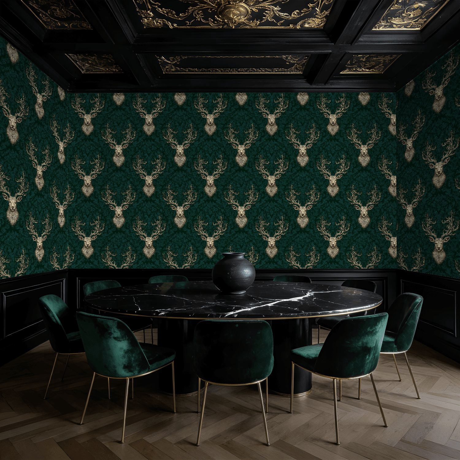 Peel and Stick Wallpaper Baroque Vintage Stag Head Damask Elegant Gold Green Wall Mural 17.7in x 9.8ft Self Adhesive Removable Wall Paper Renter Friendly Wallpaper for Nursery Bedroom Cabinets