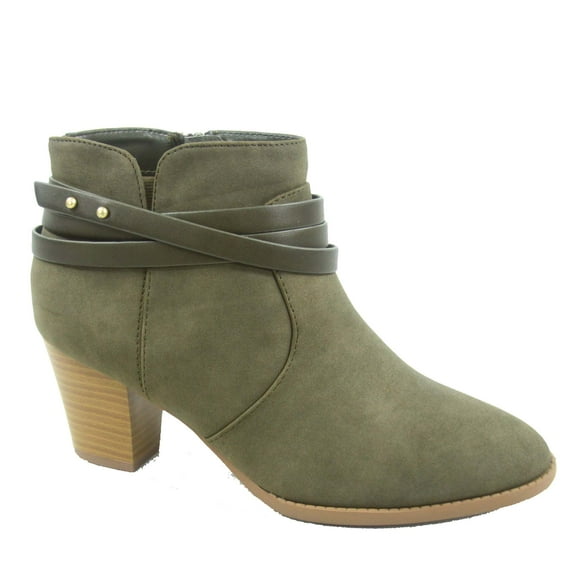 Dian Women's Zip Almond Toe Straps Western Chunky High Heel Booties Shoes