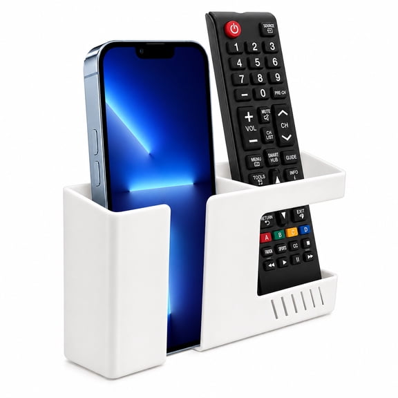 DECOBAY D3 Wall Mount Phone Holder with Adhesive, Punch-Free Phone Charging Stand and Remote Control Storage Box, Bedside Wall Organizer for Bathroom, Kitchen, Bedroom, Office, White