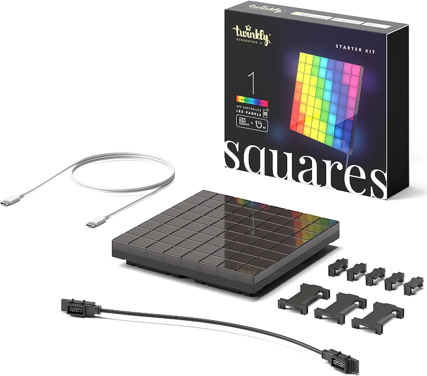 Twinkly Squares Smart LED Panel Light Kit, 64 RGB Pixels, 16 Million Colors, Black, USB-C, Expandable Indoor Lighting