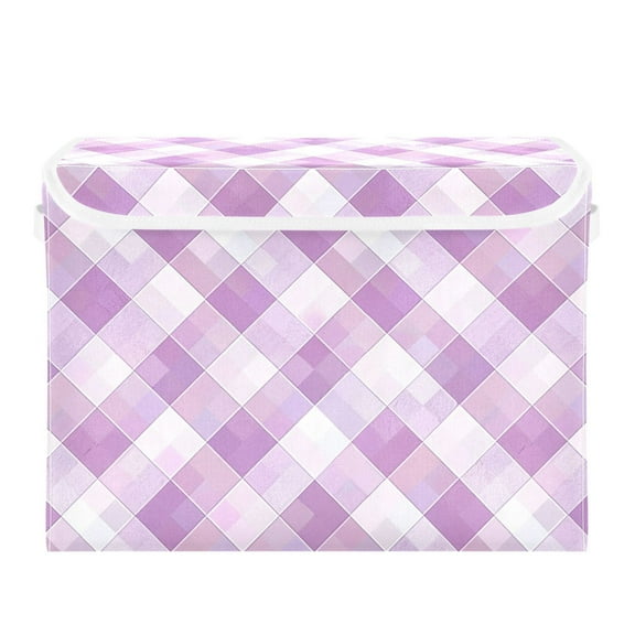 Light Purple Plaid Pattern Foldable Storage Bin with Lid and Handle Collapsible Storage Box 16.5 x 12.6 x 11.8 inches