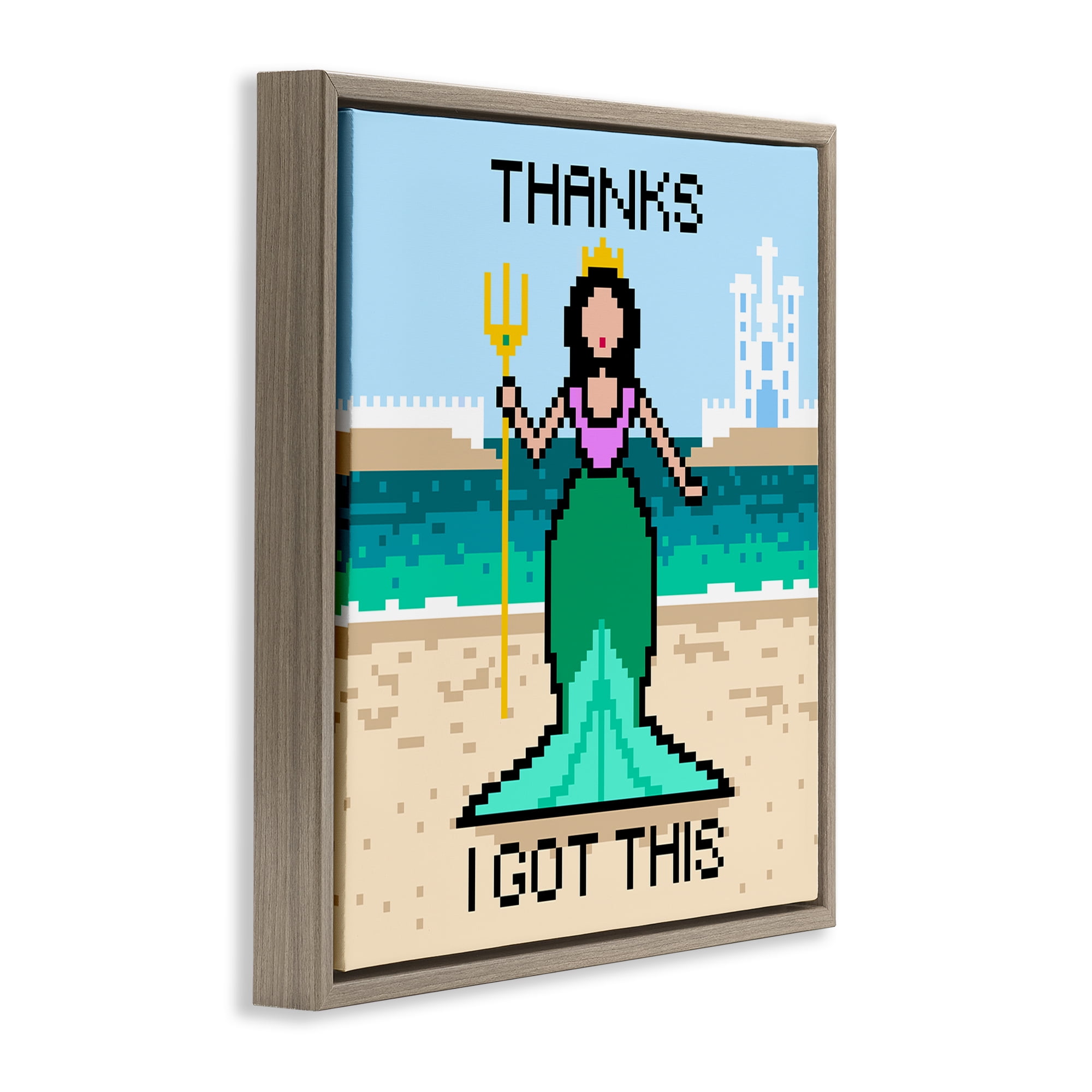 Stupell Industries I Got This Pixel Mermaid People Painting Brown Floater Framed Canvas Art Print Wall Art, 25 x 25