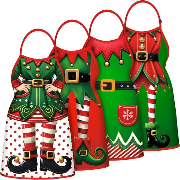 TELOLY 4Pcs Christmas Aprons for Women,Kitchen Baking Cooking Apron,Adult Costume Accessories Xmas Holiday Decorations,Holiday Aprons White Elephant Gag Gifts (Elf)