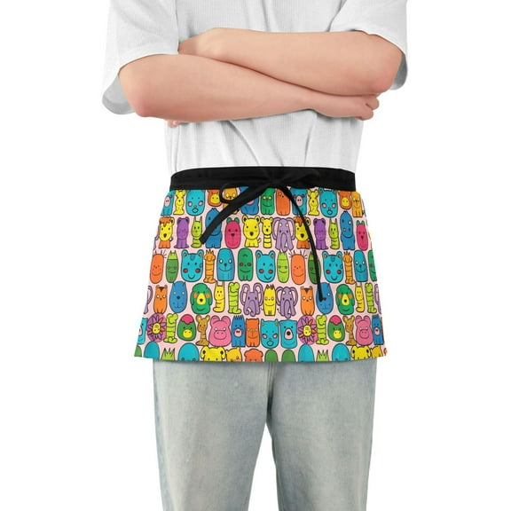 Cartoon Animal Head Server Apron with 3 Pockets Waterproof Waitress Waist Short Apron for Man Woman 12 Inches