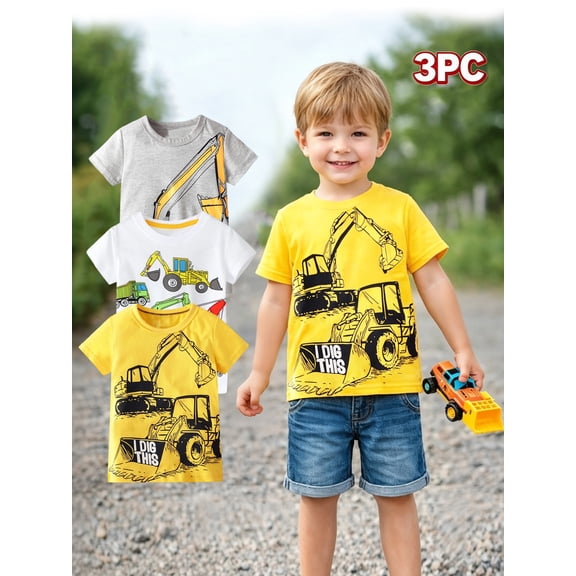 HILEELANG Toddler Boys T-Shirts 3 Pack, 100% Cotton Short Sleeve Tees for Kids 2-7T, Construction Vehicle & Excavator Print Summer Tops for Little Boys