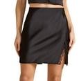 thumbnail image 2 of Delliss Women's Fashion Satin Lace Trim Mini Skirt New Style Side Slit High Waist Silky Casual Skirt, 2 of 9