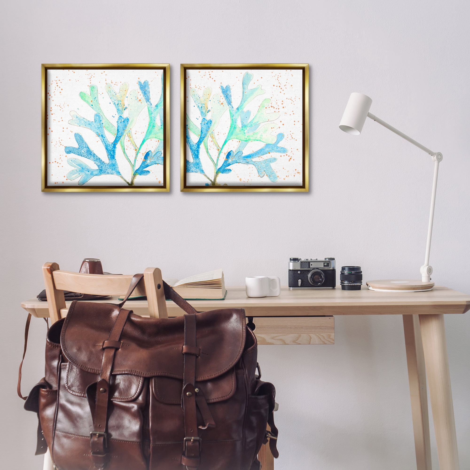 Stupell Industries Speckled Blue Green Coral Plants & Flowers Painting Gold Floater Framed Canvas Art Print Wall Art, 18 x 18, Set of 2