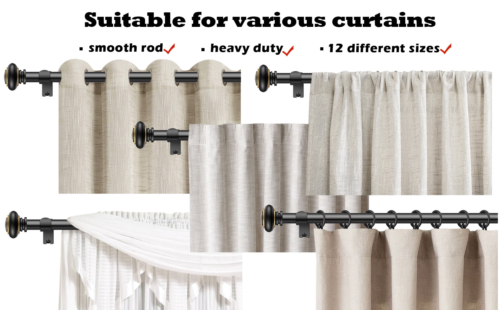 BloomFlower Curtain Rods 18-128 inch, for Window 120 Inch, Adjustable Length Heavy Duty Diameter 7/8 inch, Modern Finials, Black