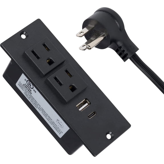 Buyer's Point Recessed Power Strip w/USB C, Furniture Recessed Outlet, Table Power Strip with 2 Outlets, USB Port, Flush Mount Power Strip for Side Table 6ft Cable with Round Plug (Black)(1 Pack)