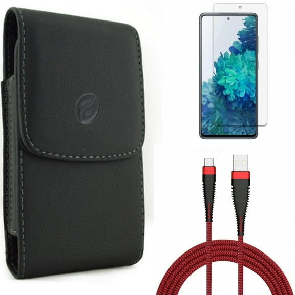 Case Belt Clip & 10ft USB Cable & Screen Protector for Samsung Galaxy S20 Fan Edition - Leather Holster   Type-C Charger Cord   Anti-Glare Tempered Glass Combo