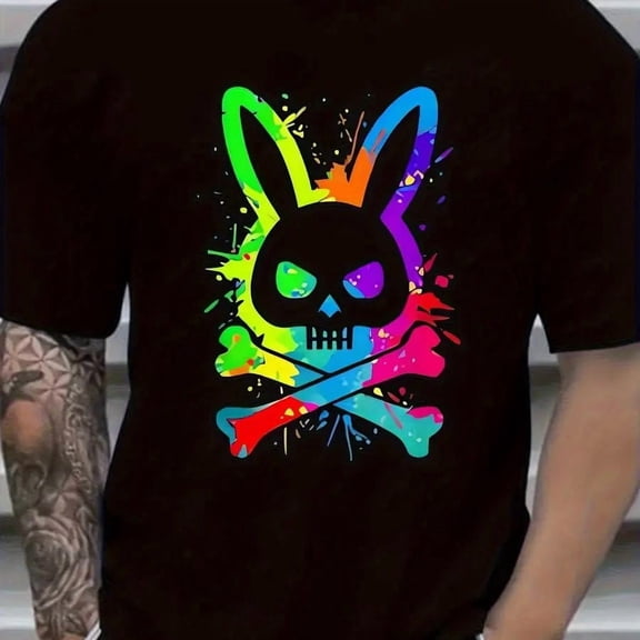 【New Arrival】Rainbow Bunny Skull Crossbones T-Shirt, Black Neon Paint Splatter Graphic Tee, Edgy Streetwear Casual