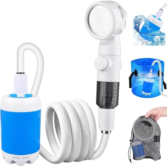Portable Shower for Camping, Rechargeable Portable Camping Shower Pump with USB-C, Camp Shower with 3 Spray Modes, Outdoor Shower Kit for Camping, RV, Travel, Pet Bath, Watering Plants,1,blue